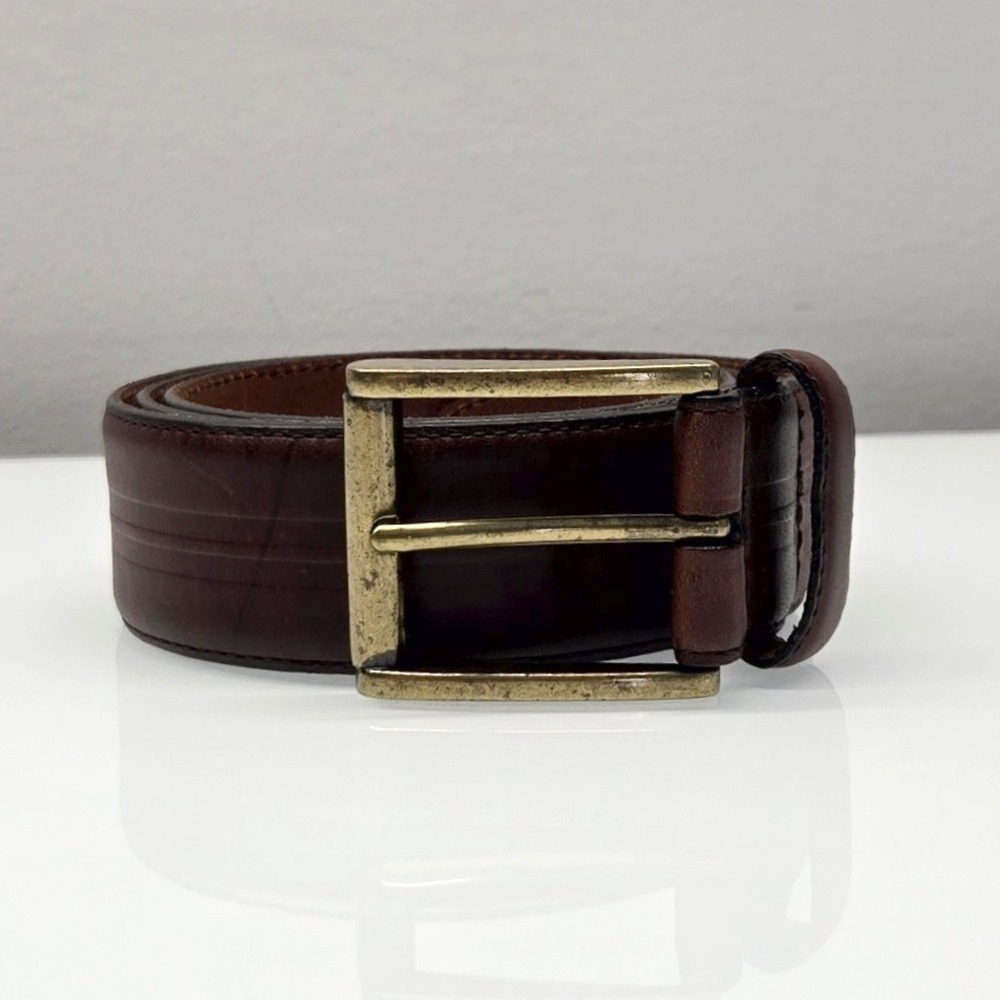 Fossil Leather Belt Men 36 Chocolate Brown Triple Groove Antiqued Brass Buckle